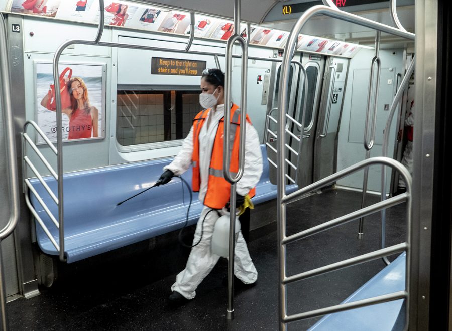 A subway car being disinfected during Covid-19. People have been asked to social distance to minimize the spread of Covid-19.