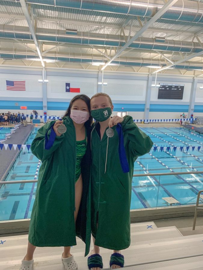 Seniors Victoria Le and Lane Herbert with silver medals from the Girls 400 yd Free relay event. Swimmers took to the pools for the SPC North Zone meet which was postponed twice due to weather.  