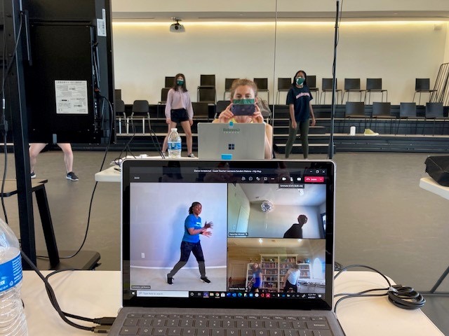 Students participate in the Dancing Virtually on the Hill event physically at Greenhill and through a Microsoft Teams call.