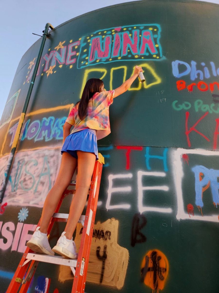 Senior Ria Agarwal paints her name on the water tower as a part of the annual tradition. Photo courtesy of Ria Agarwal.