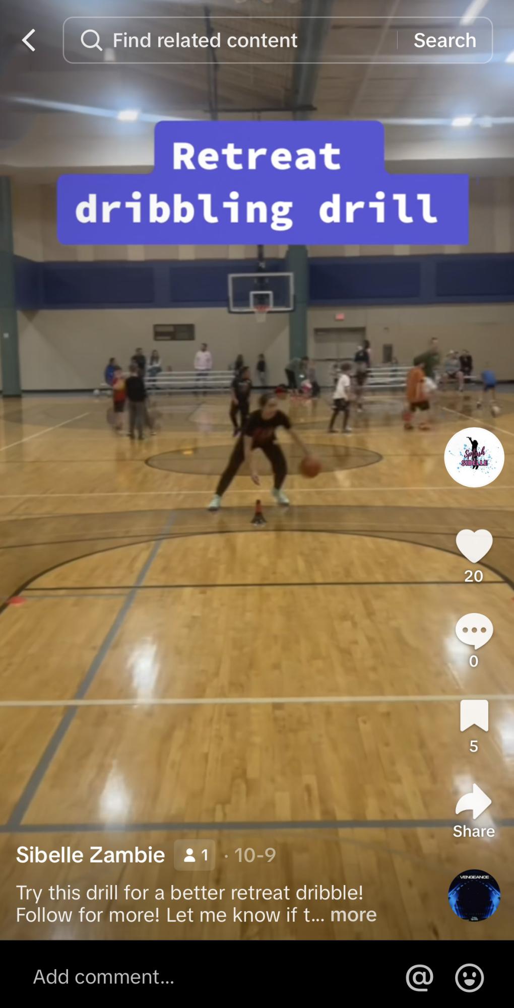 One of senior Sibelle Zambies TikTok posts includes a clip of her showing how to do a basketball practice drill related to retreat dribbling. Image from splashwithsibelle on TikTok.
